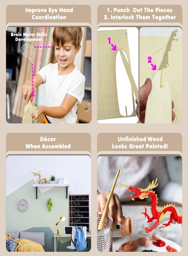 Puzzled 3D Puzzle Dragon Building Kit - Wooden Dragon Puzzle Toy for Kids and Adults, Educational DIY Wood Puzzle Toy Dragon, Dragon Model Kit 3D Animal Puzzle to Build and Paint with 148 Pieces Pack - Image 3
